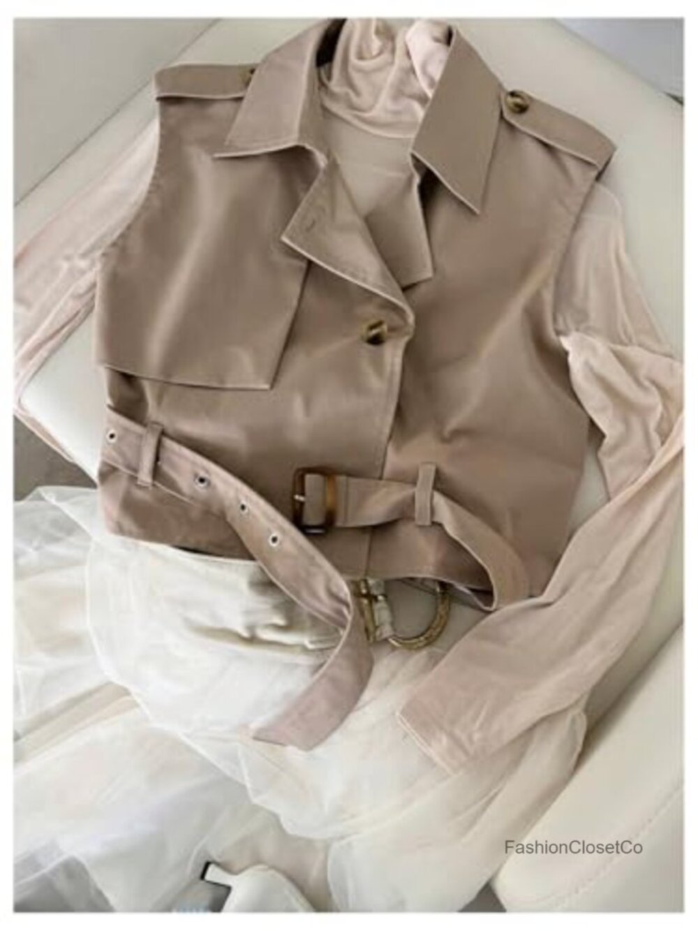 Sleeveless Cropped Trench Coat Belted Lapel Vest - Picture 4 of 6